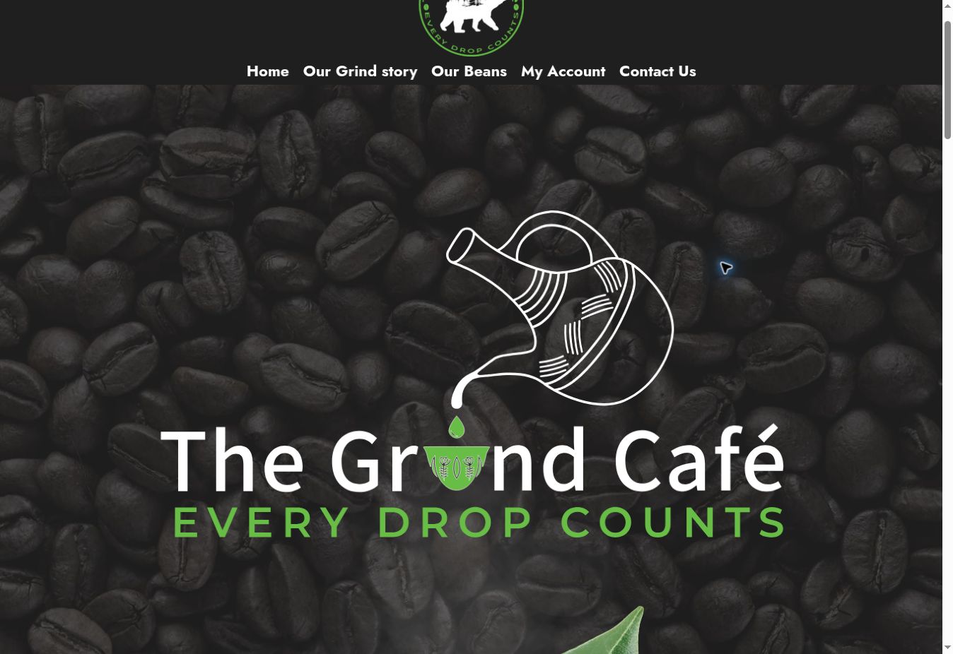 The Grind Cafe website with coffee photography